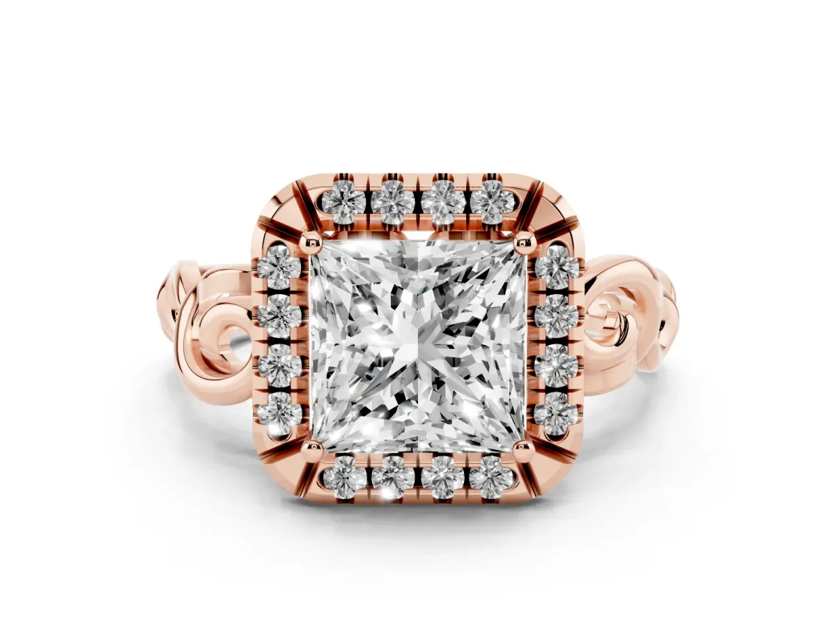 Princess Cut Cut Halo Diamond Ring with Scrollwork Band and Four-Prong Setting Rose gold