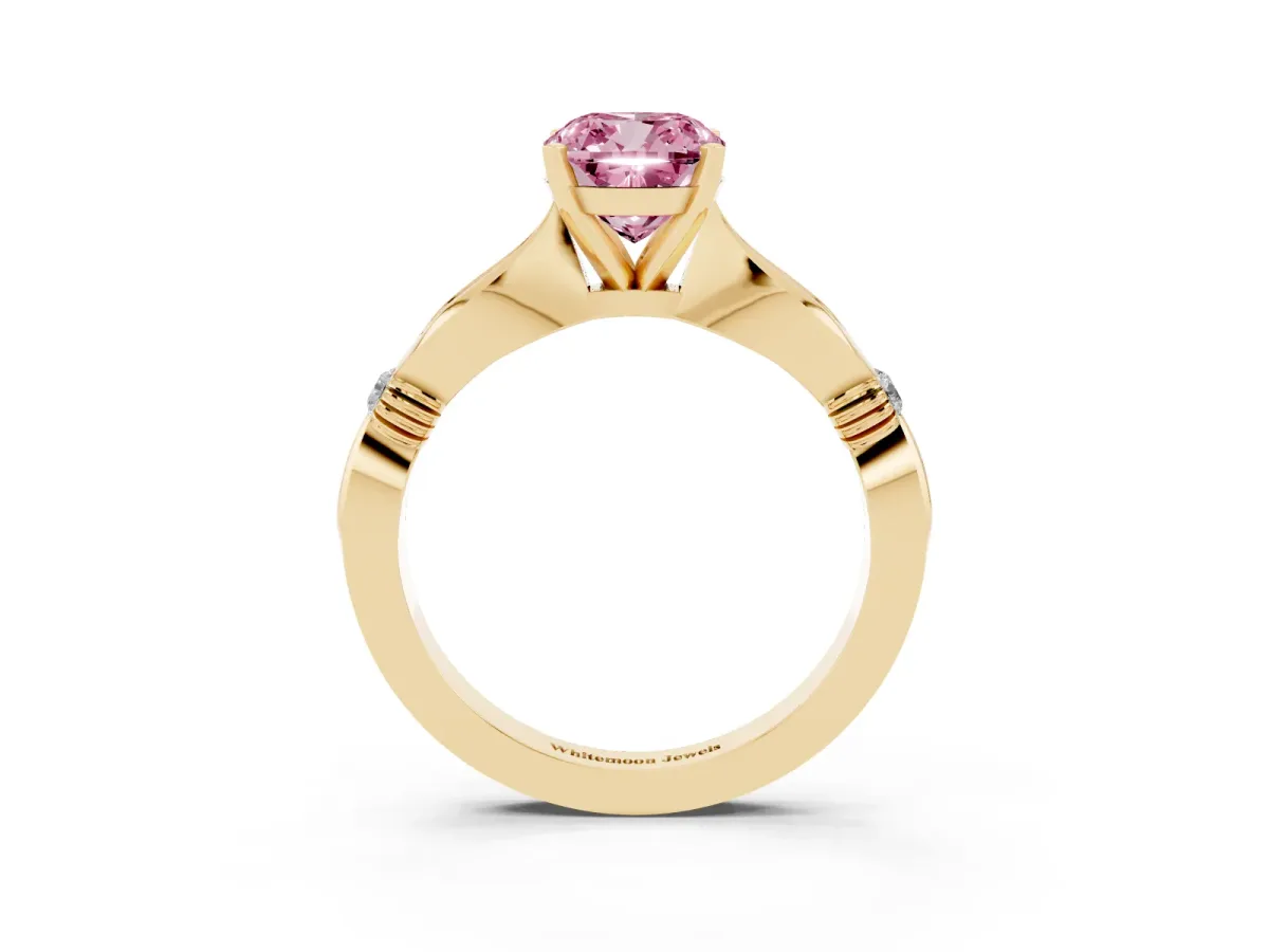 Fancy Pink Cushion Cut Solitaire Diamond Twisted Band with Four-Prong Setting Yellow gold