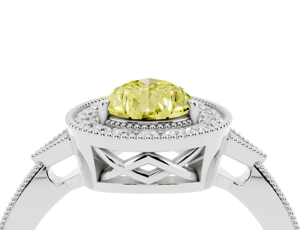 Fancy Yellow Pear Cut Halo Round Diamond Milgrain Pave Engagement Ring Platinum