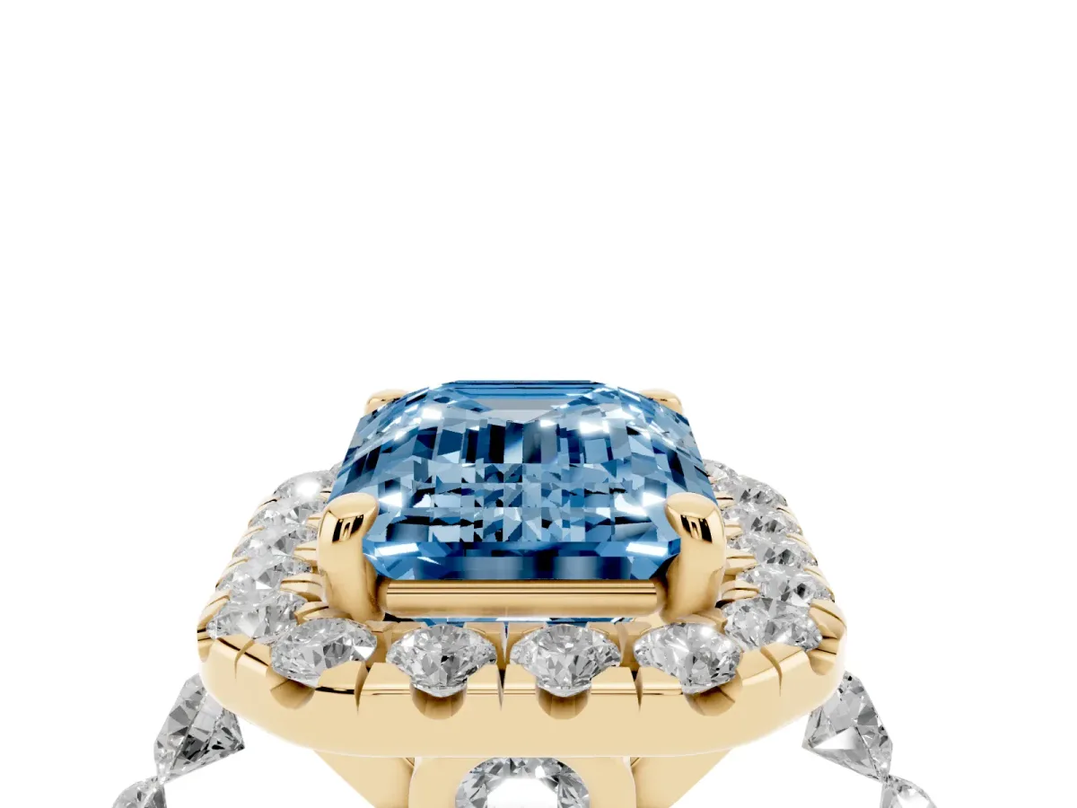 Fancy Blue Emerald Cut Halo Pavé Diamond Engagement Ring with Four-Prong Setting Yellow gold