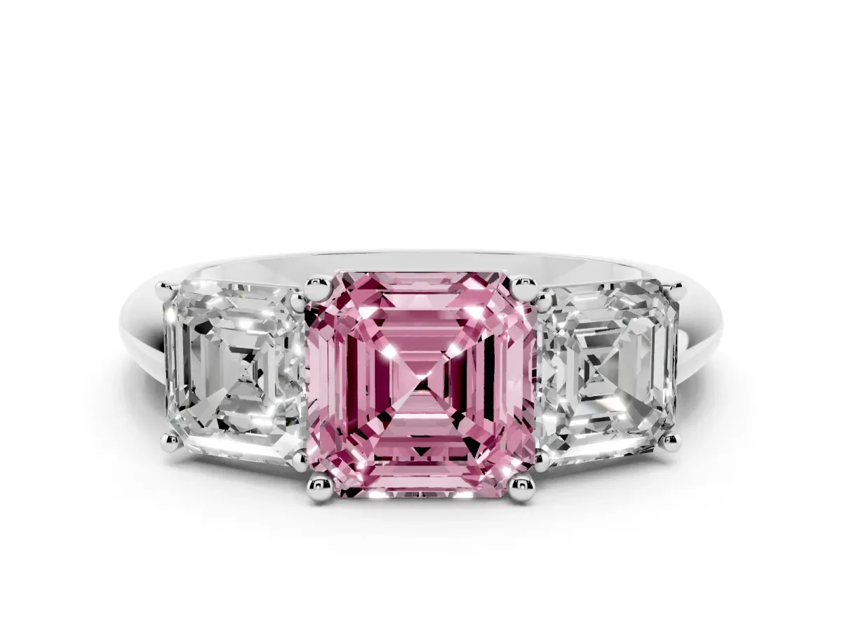 Fancy Pink Three-Stone Asscher Cut Cut Diamond Engagement Ring with Prong Setting on a White Gold Band Platinum