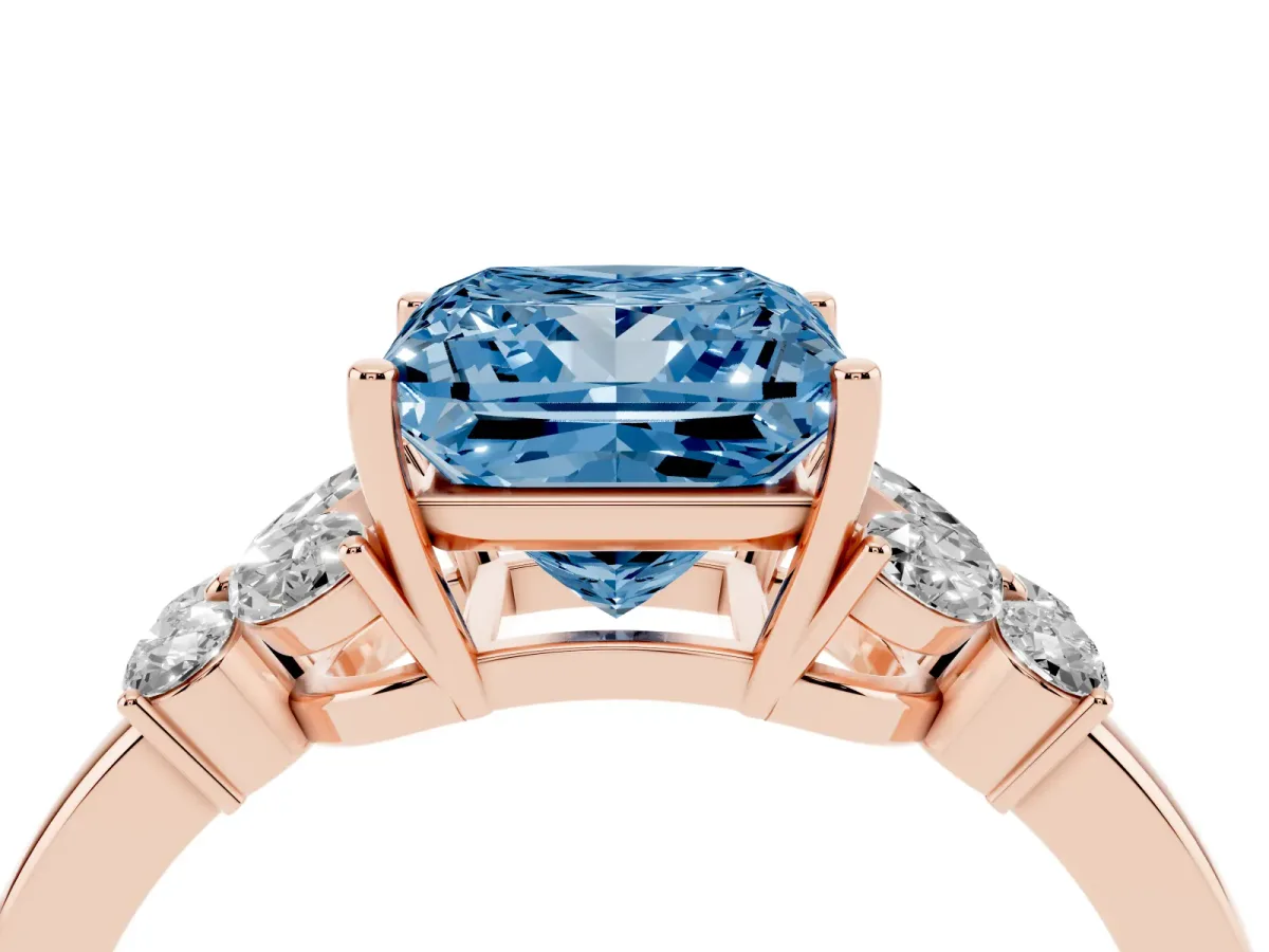 Fancy Blue Princess Cut Cut Solitaire Floral Diamond Ring with Four-Prong Setting Rose gold