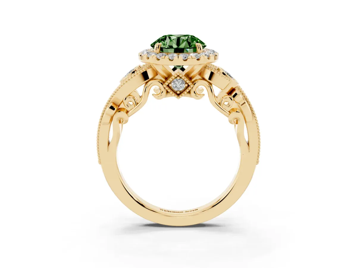 Fancy Green Round Cut Halo Diamond Ring with Milgrain and Bezel Accents on a Split Shank Band Yellow gold