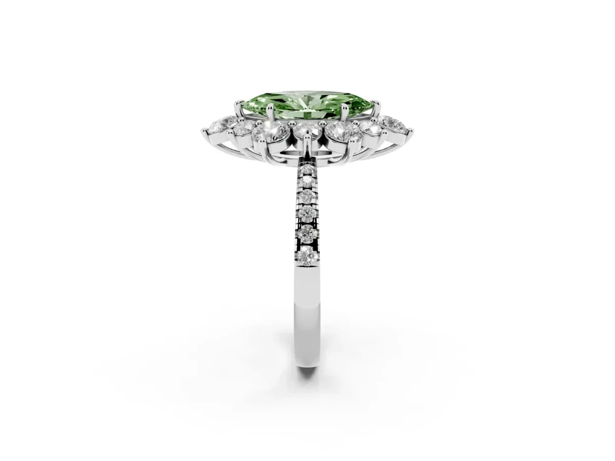 Fancy Green Marquise Cut Diamond Floral Halo Ring with Round Pavé Band and Prong Setting Silver