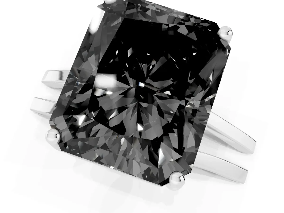 Fancy Black Radiant Cut Cut Diamond Solitaire Engagement Ring with Tapered Plain Band and Four-Prong Setting Silver