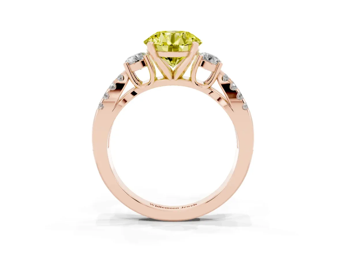 Fancy Yellow Round Cut Diamond Three-Stone Ring with Pavé Split Shank and Four-Prong Setting Rose gold