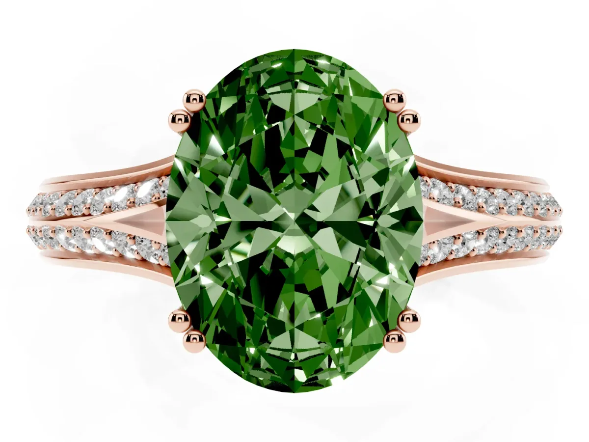 Fancy Green Oval Cut Diamond Split Shank Engagement Ring with Pavé Band Rose gold