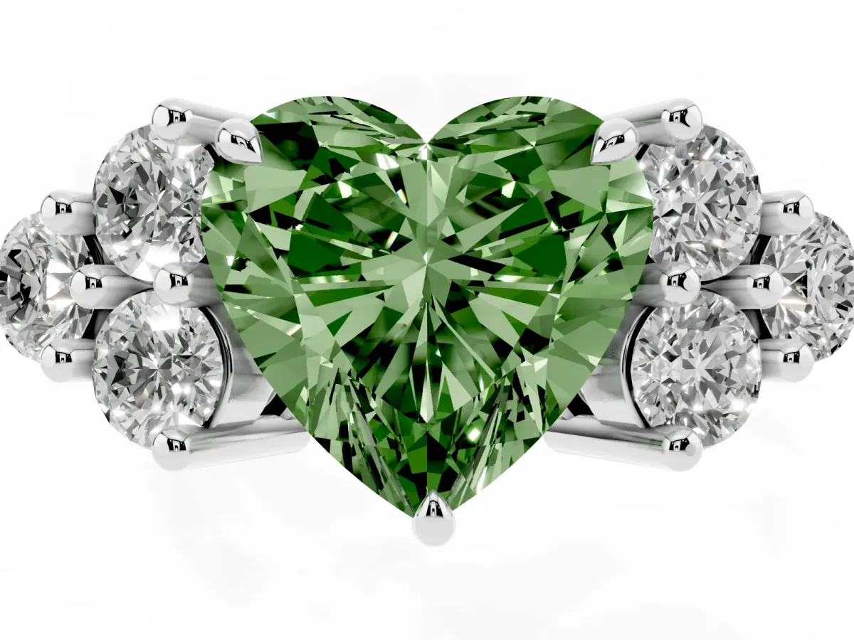 Fancy Green Heart Cut Brilliant Diamond Cluster Accent Solitaire Ring with Prong Setting Silver