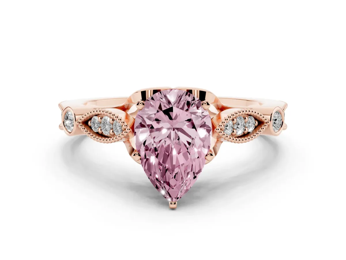 Fancy Pink Pear Cut Cut Diamond with Milgrain Marquise and Bezel Accents on a Solitaire Band with Prong Setting Rose gold