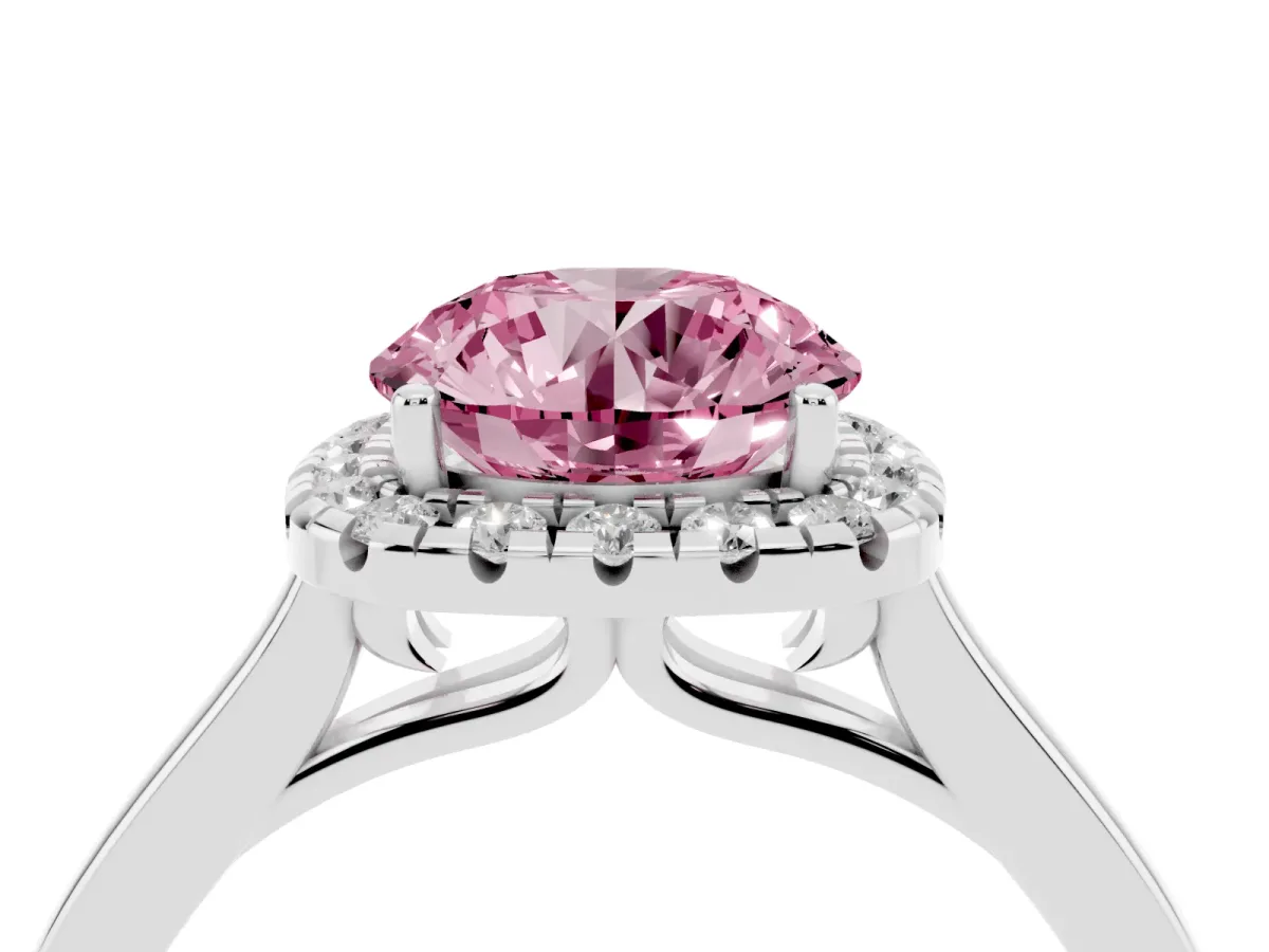 Fancy Pink Round Cut Halo Round Diamond Solitaire Ring with Pavé Band and Four-Prong Setting Silver
