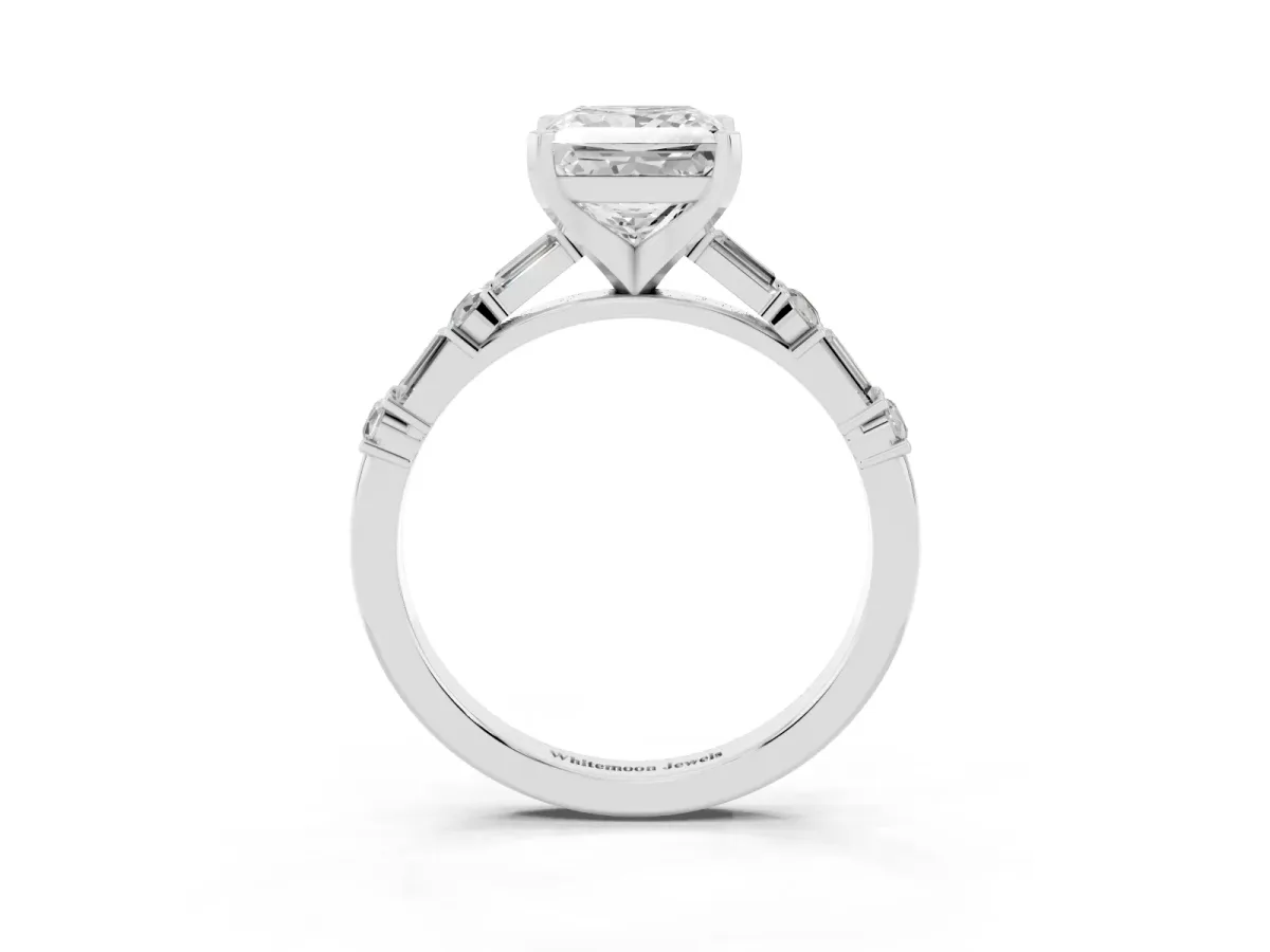 Princess Cut Diamond Solitaire with Side Baguettes and Channel Set Band Silver