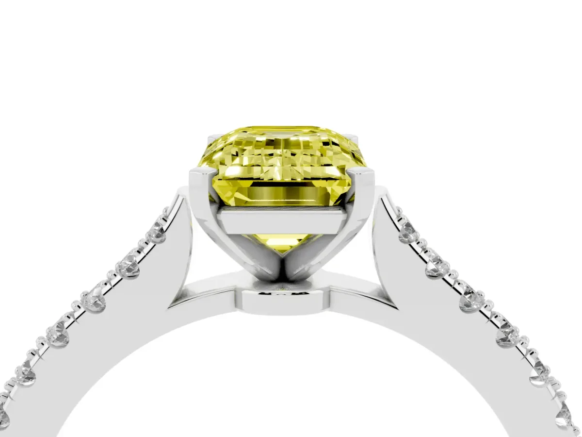 Fancy Yellow Emerald Cut Cut Solitaire Diamond Engagement Ring with Pave Band and Four-Prong Setting Platinum