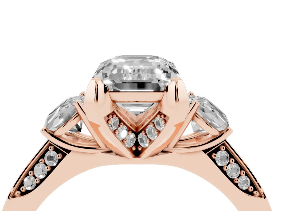 Fancy Blue Emerald Cut Brilliant Three-Stone Diamond Ring with Pavé Band and Four-Prong Setting Rose gold