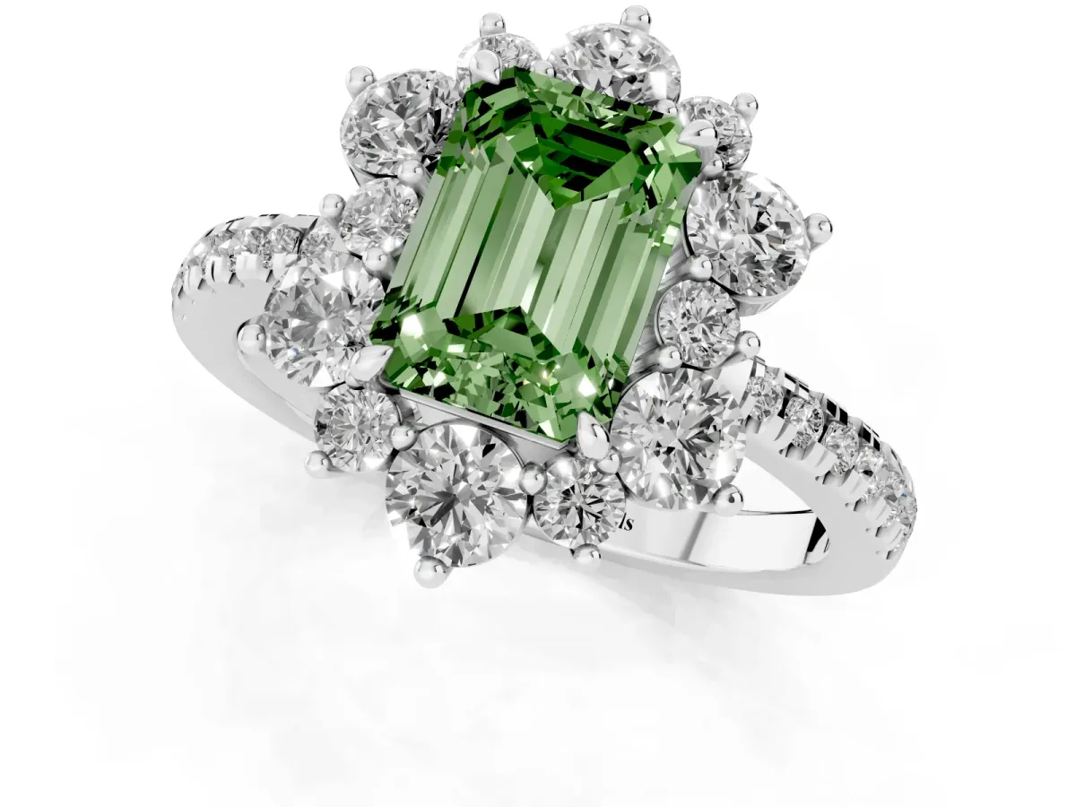 Fancy Green Emerald Cut Diamond Floral Halo Ring with Round Pavé Band and Prong Setting Silver