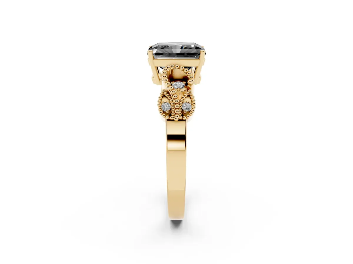 Fancy Black Radiant Cut Solitaire Milgrain Leaf Band with Prong Setting Yellow gold