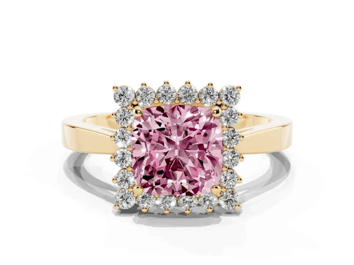 Fancy Pink Cushion Cut Cut Diamond Halo Ring with Round Brilliant Halo and Solitaire Band Yellow gold
