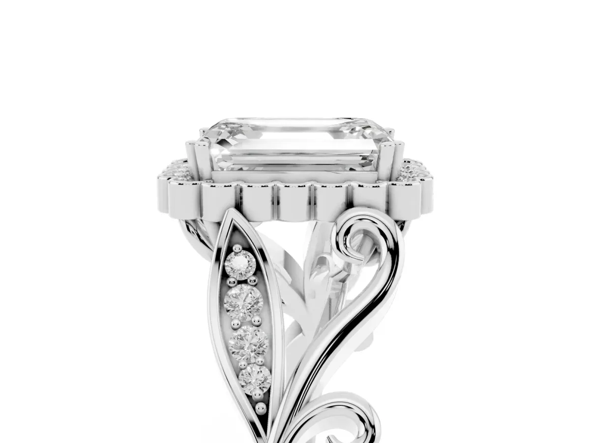 Emerald Cut Diamond Halo Ring with Vintage Split Shank and Four-Prong Setting Silver
