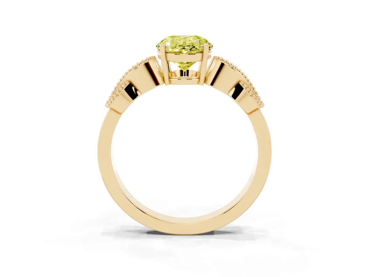 Fancy Yellow Oval Cut Solitaire Milgrain Leaf Band with Prong Setting Yellow gold