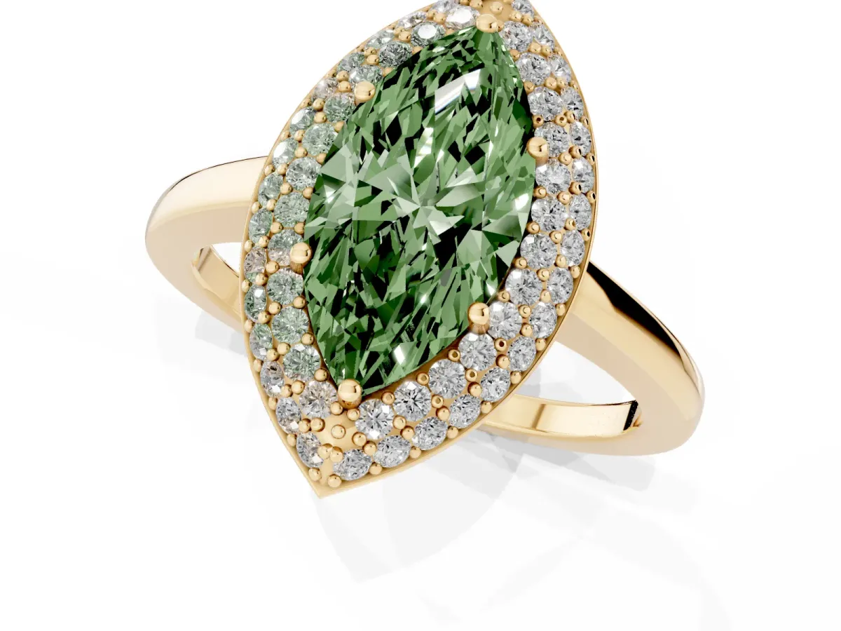 Fancy Green Marquise Cut Halo Diamond Engagement Ring with Solitaire Band and Four-Prong Setting Yellow gold