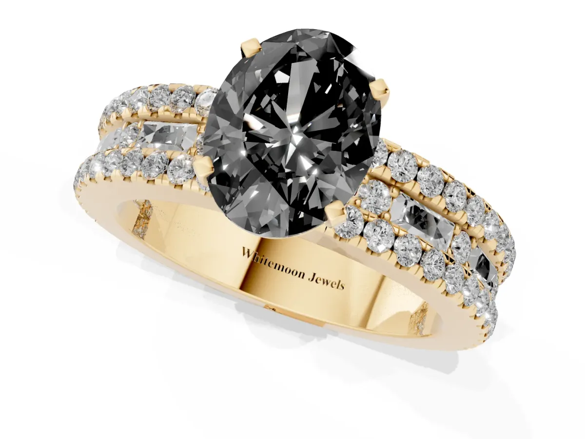 Fancy Black Oval Cut Diamond Solitaire Ring with Pavé and Channel Set Band Yellow gold