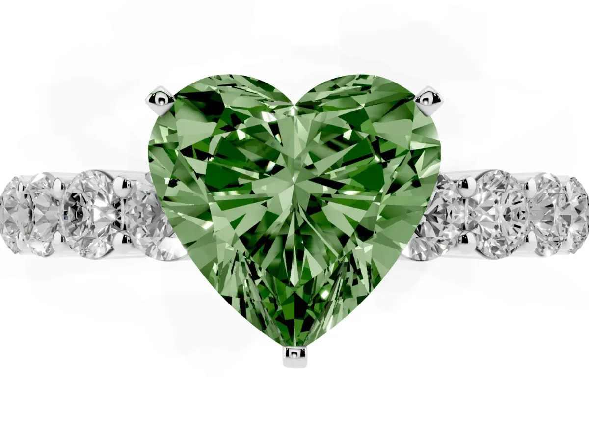 Fancy Green Heart Cut Diamond Solitaire Ring with Shared Prong Round Side Stones Platinum