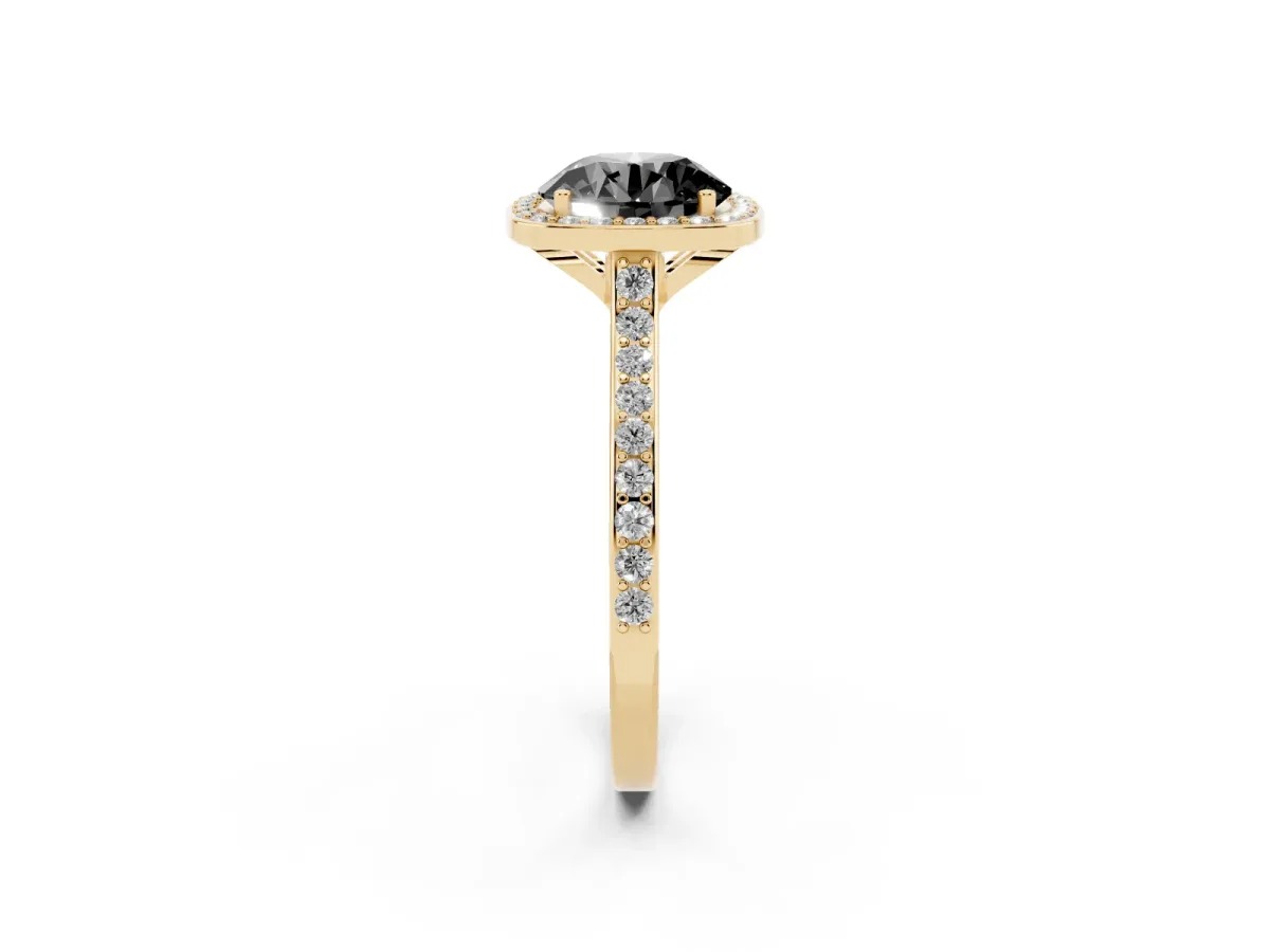 Fancy Black Round Cut Diamond Halo Engagement Ring with Round Pavé Shoulders and Prong Setting Yellow gold