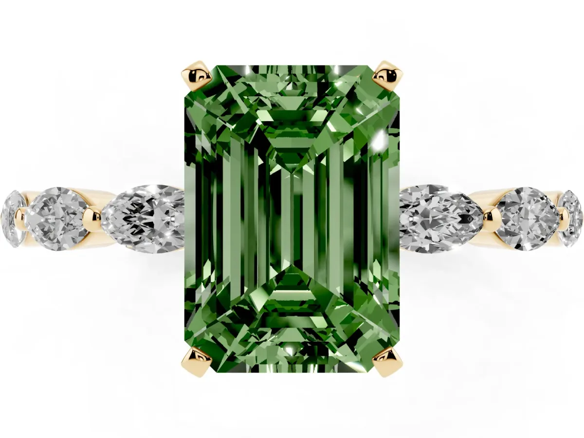 Fancy Green Emerald Cut Diamond Ring with Marquise Side Stones and Prong Setting Yellow gold