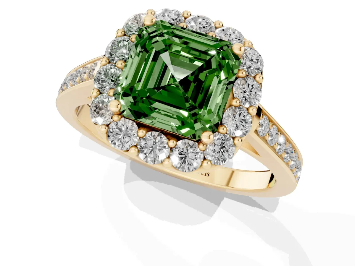 Fancy Green Asscher Cut Diamond Floral Halo Ring with Pavé Band and Prong Setting Yellow gold