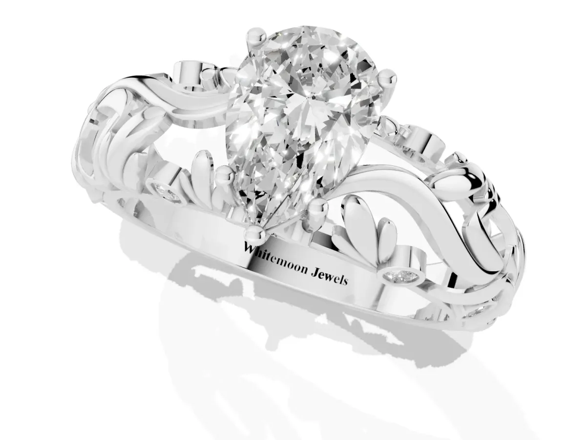 Pear Cut Solitaire Diamond Leaf-Inspired Vine Band Ring with Prong Setting Silver