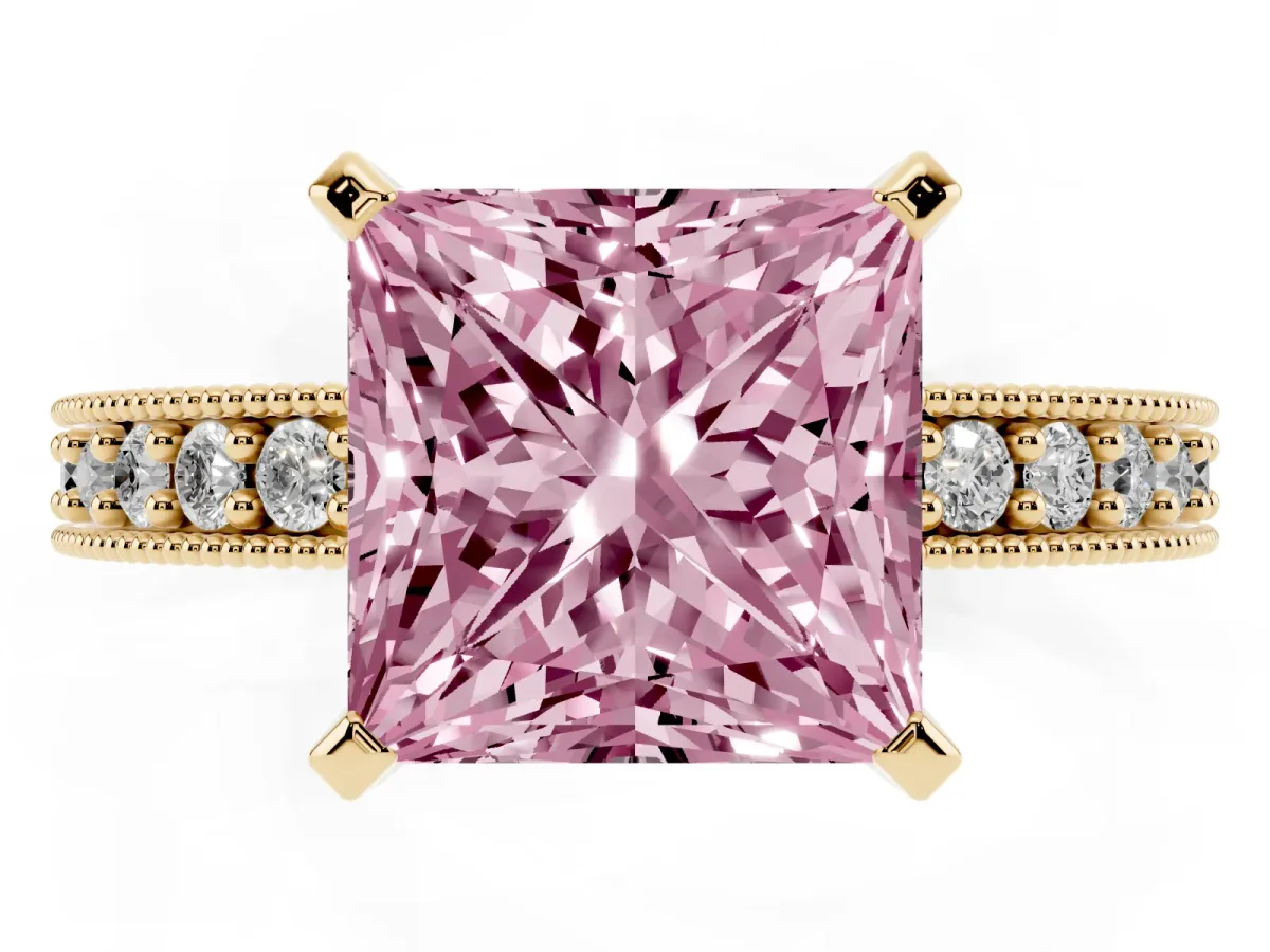 Fancy Pink Princess Cut Diamond Milgrain Pavé Engagement Ring with Four-Prong Setting Yellow gold