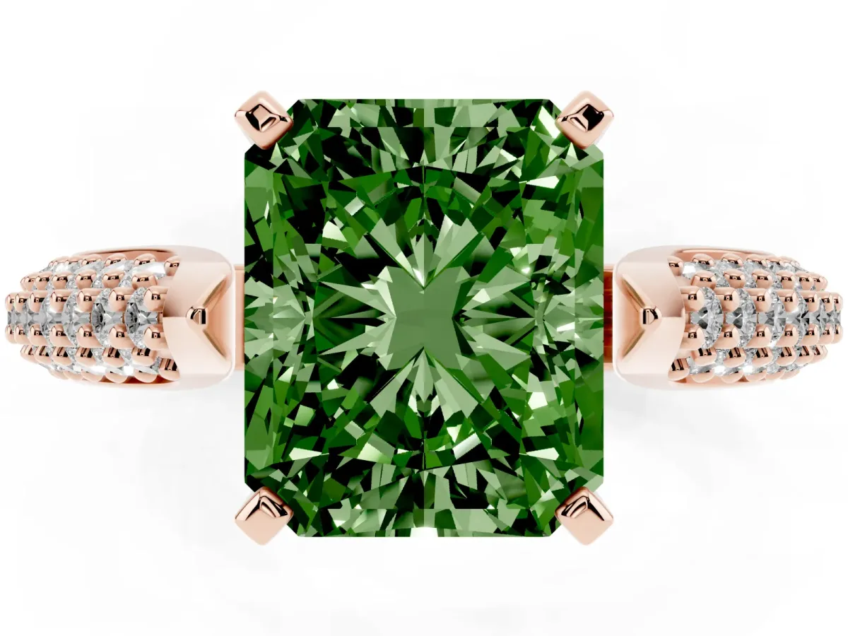 Fancy Green Radiant Cut Diamond Solitaire Engagement Ring with Multi-Row Round Pavé Band and Prong Setting Rose gold