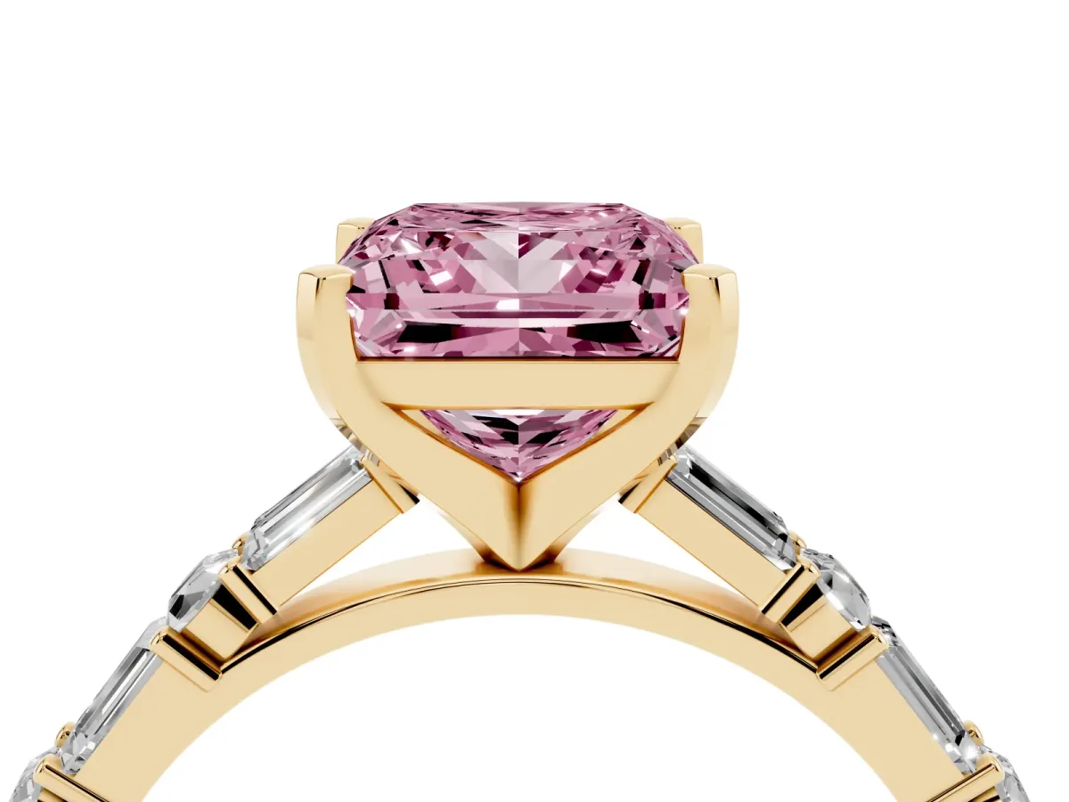 Fancy Pink Princess Cut Diamond Solitaire with Side Baguettes and Channel Set Band Yellow gold