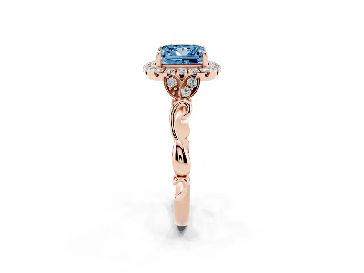 Fancy Blue Princess Cut Halo Diamond Engagement Ring with Vintage-Inspired Band and Four-Prong Setting Rose gold