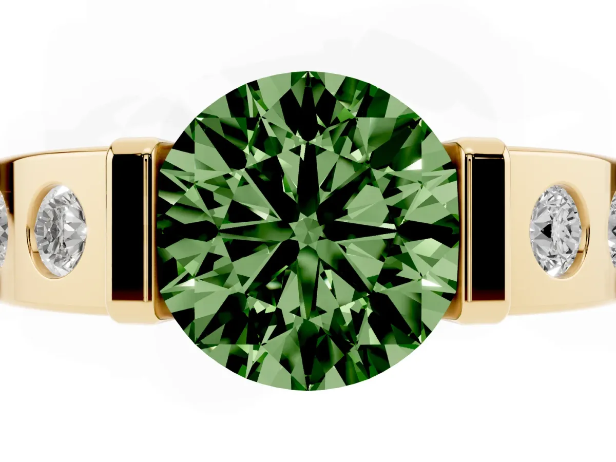 Fancy Green Round Cut Brilliant Channel-Set Diamond Ring with Bezel Prong Setting Yellow gold
