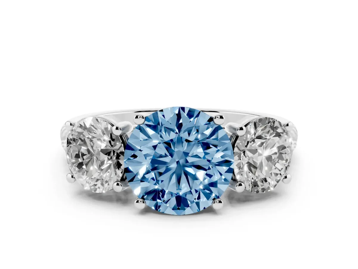 Fancy Blue Three-Stone Round Cut Diamond Ring with Round Pavé Band and Prong Setting Silver