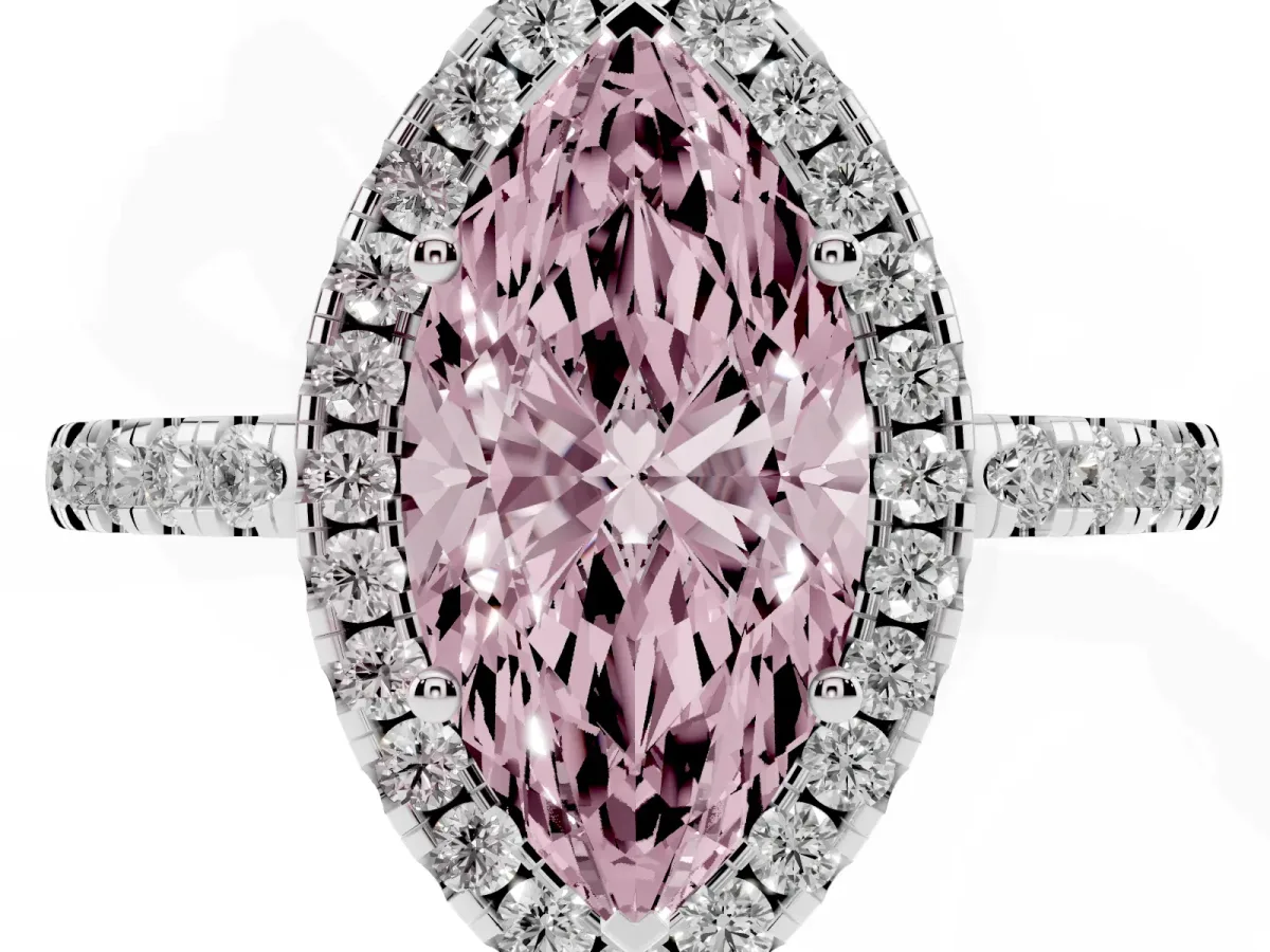 Fancy Pink Marquise Cut Halo Diamond Engagement Ring with Pavé Band and Four-Prong Setting Silver