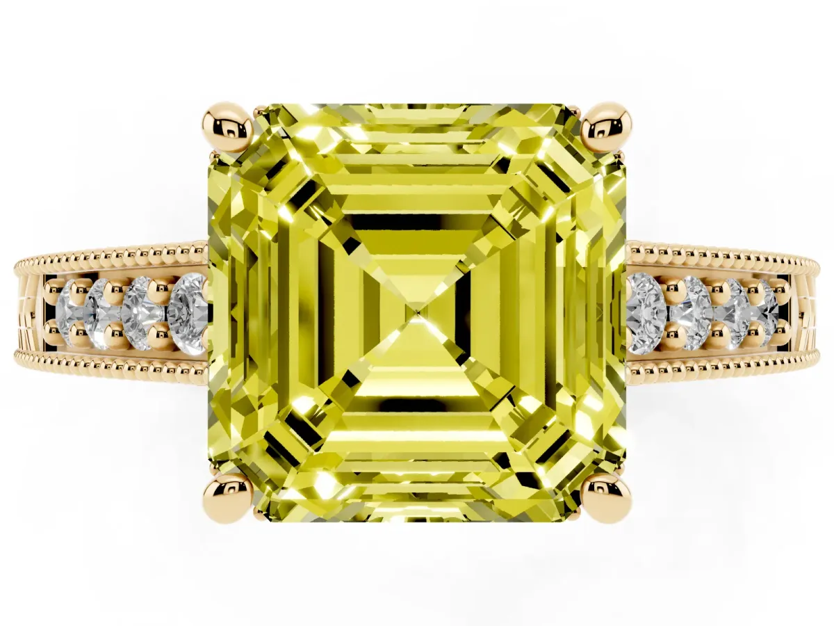 Fancy Yellow Asscher Cut Solitaire Pavé Diamond Milgrain Engagement Ring with Four-Prong Setting Yellow gold