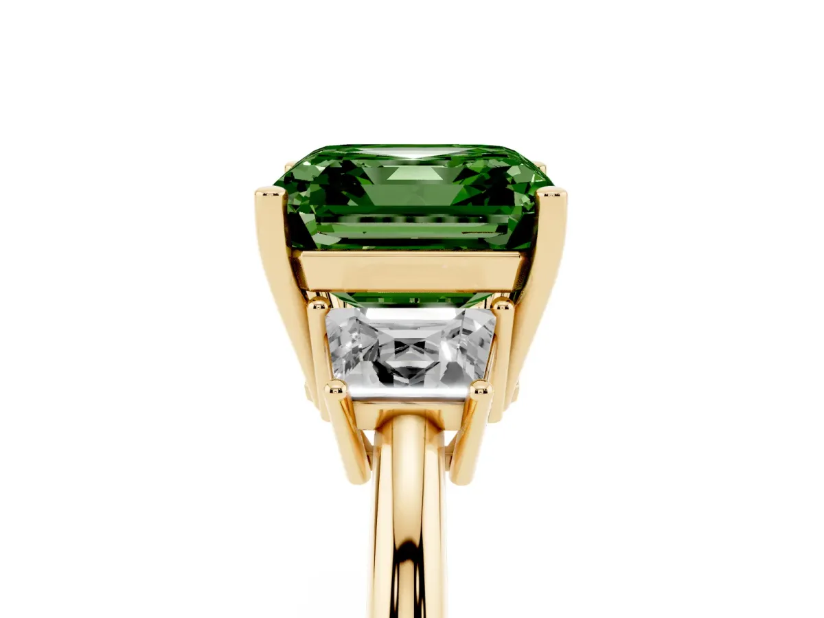 Fancy Green Asscher Cut Diamond Three-Stone Ring with Trapezoid Side Stones and Prong Setting Yellow gold
