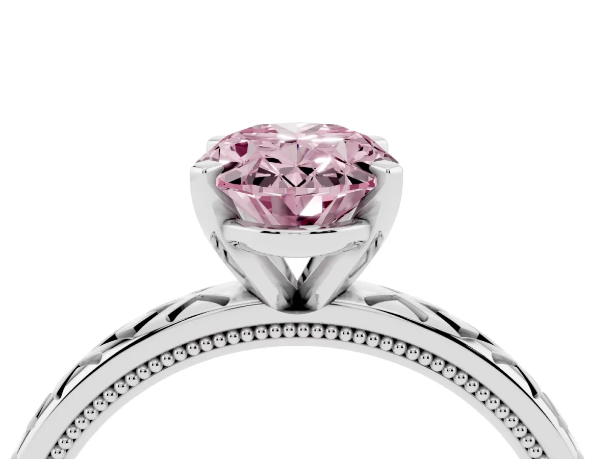 Fancy Pink Oval Cut Solitaire Diamond Ring with Milgrain and Black Enamel X Pattern Band Silver
