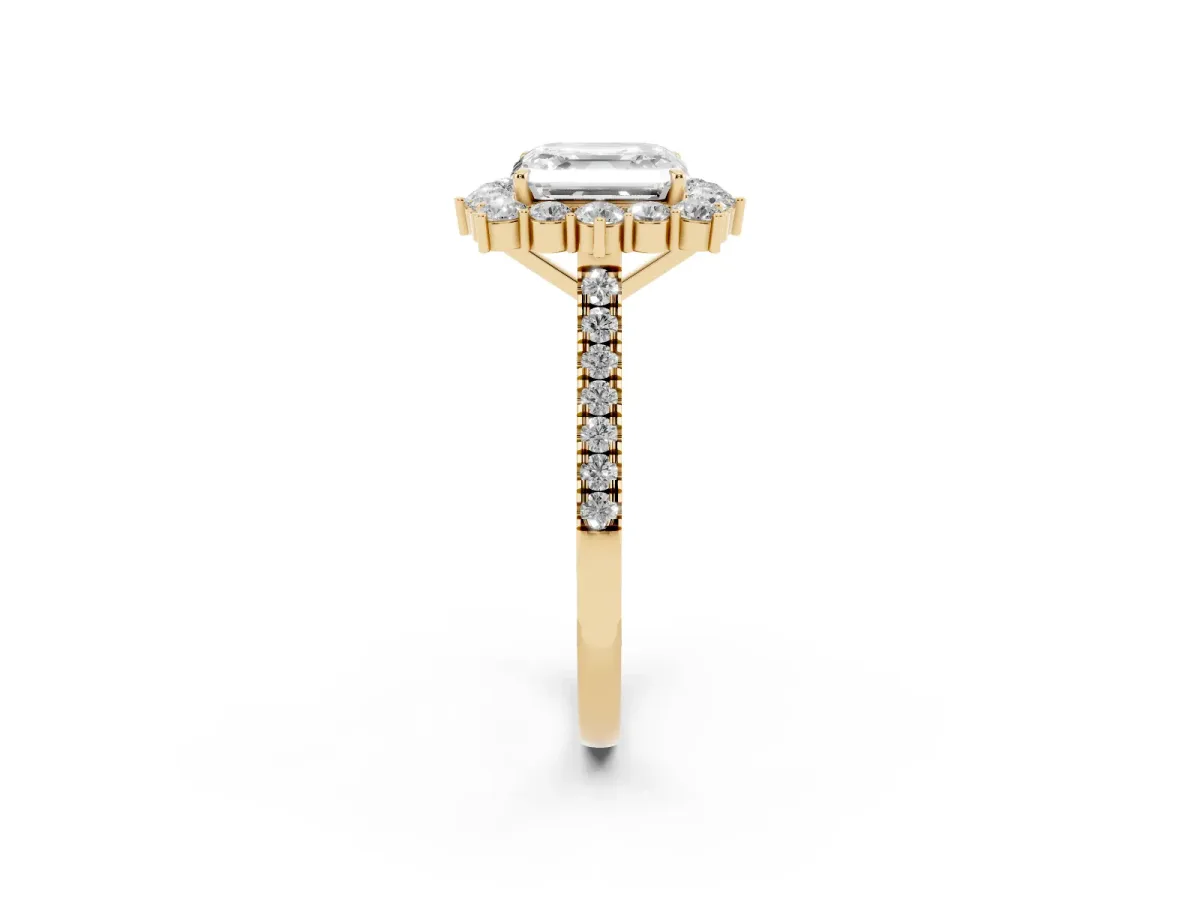 Asscher Cut Halo Diamond Ring with Pavé Band and Prong Setting Yellow gold
