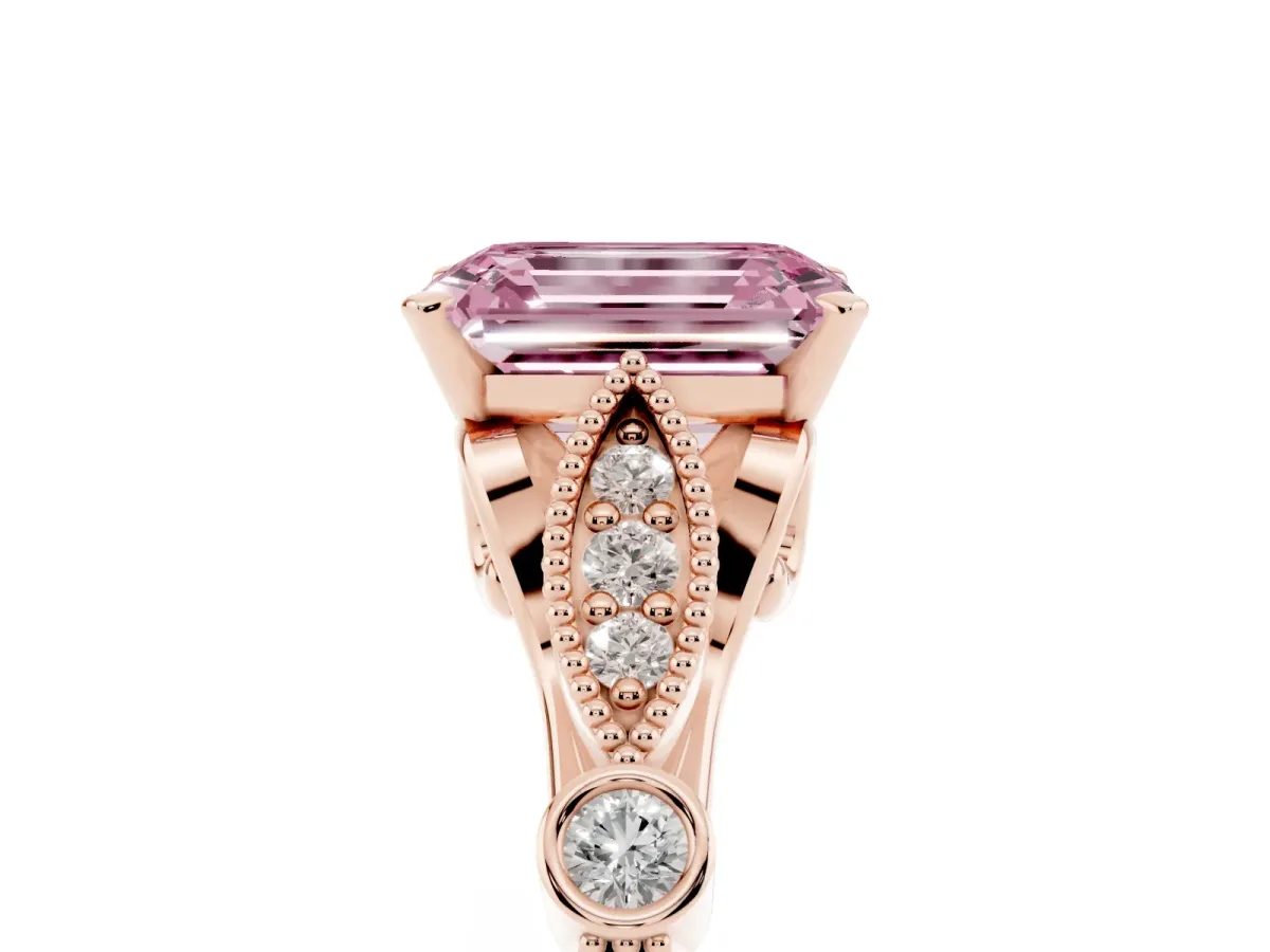 Fancy Pink Emerald Cut Cut Diamond with Milgrain Marquise and Bezel Accents on a Solitaire Band with Prong Setting Rose gold