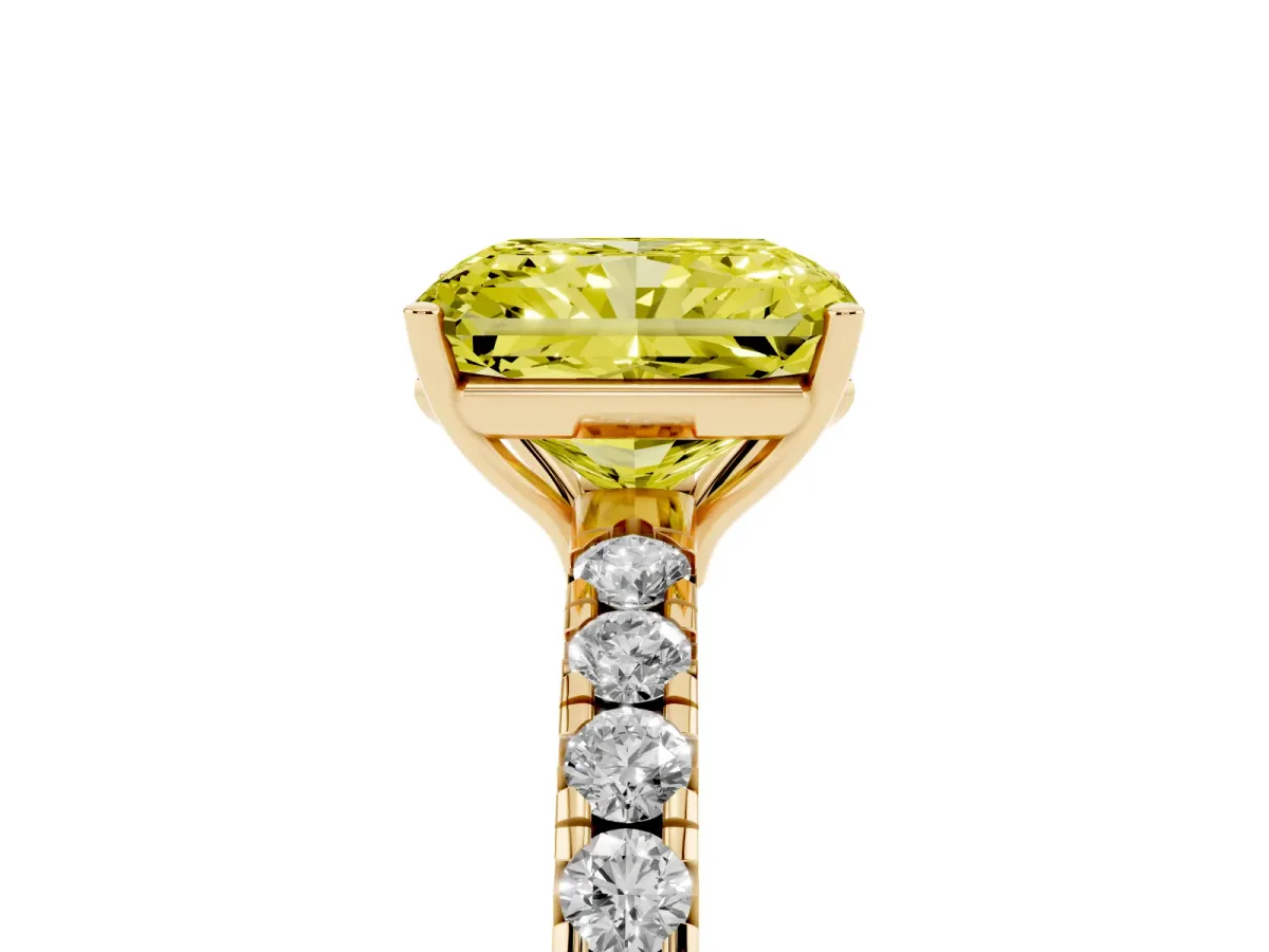 Fancy Yellow Radiant Cut Diamond Pavé Solitaire Engagement Ring with Four-Prong Setting Yellow gold