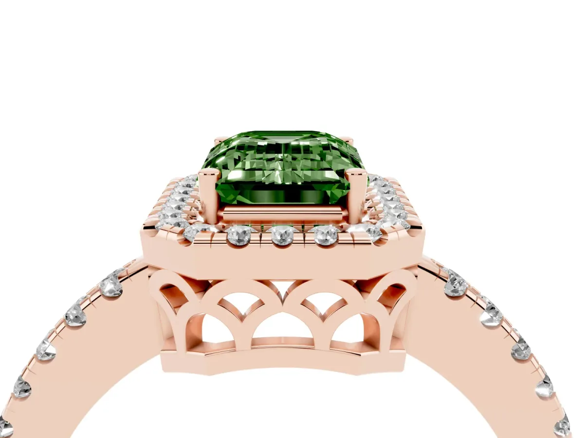 Fancy Green Emerald Cut Halo Diamond Engagement Ring with Pavé Band and Four-Prong Setting Rose gold