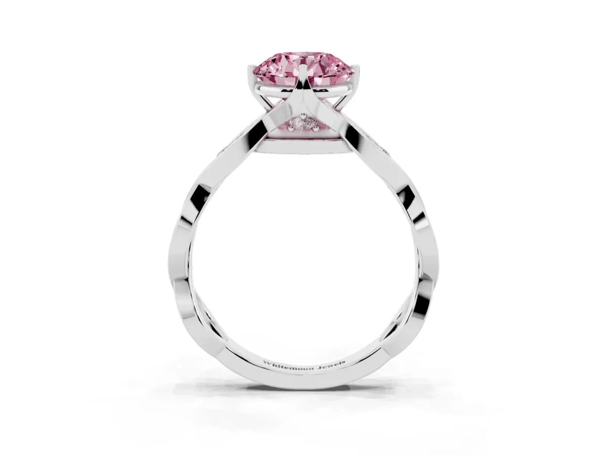 Fancy Pink Round Cut Solitaire Twist Band with Leaf Prong Setting White gold