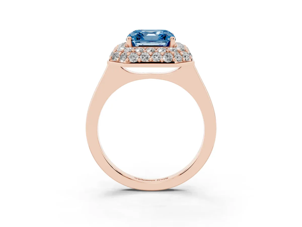 Fancy Blue Asscher Cut Halo Diamond Engagement Ring with Solitaire Band and Four-Prong Setting Rose gold