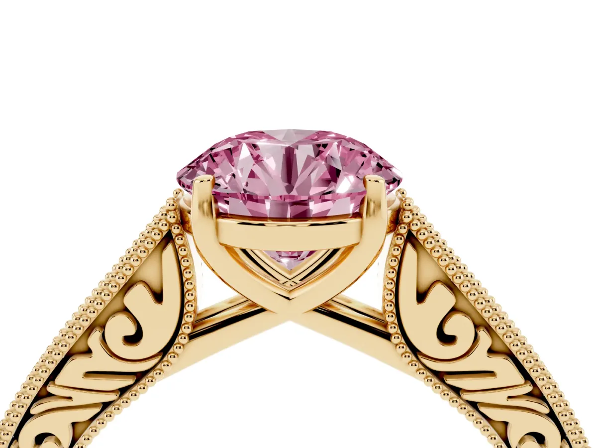 Fancy Pink Round Cut Cut Pave Band Milgrain Solitaire Ring Yellow gold