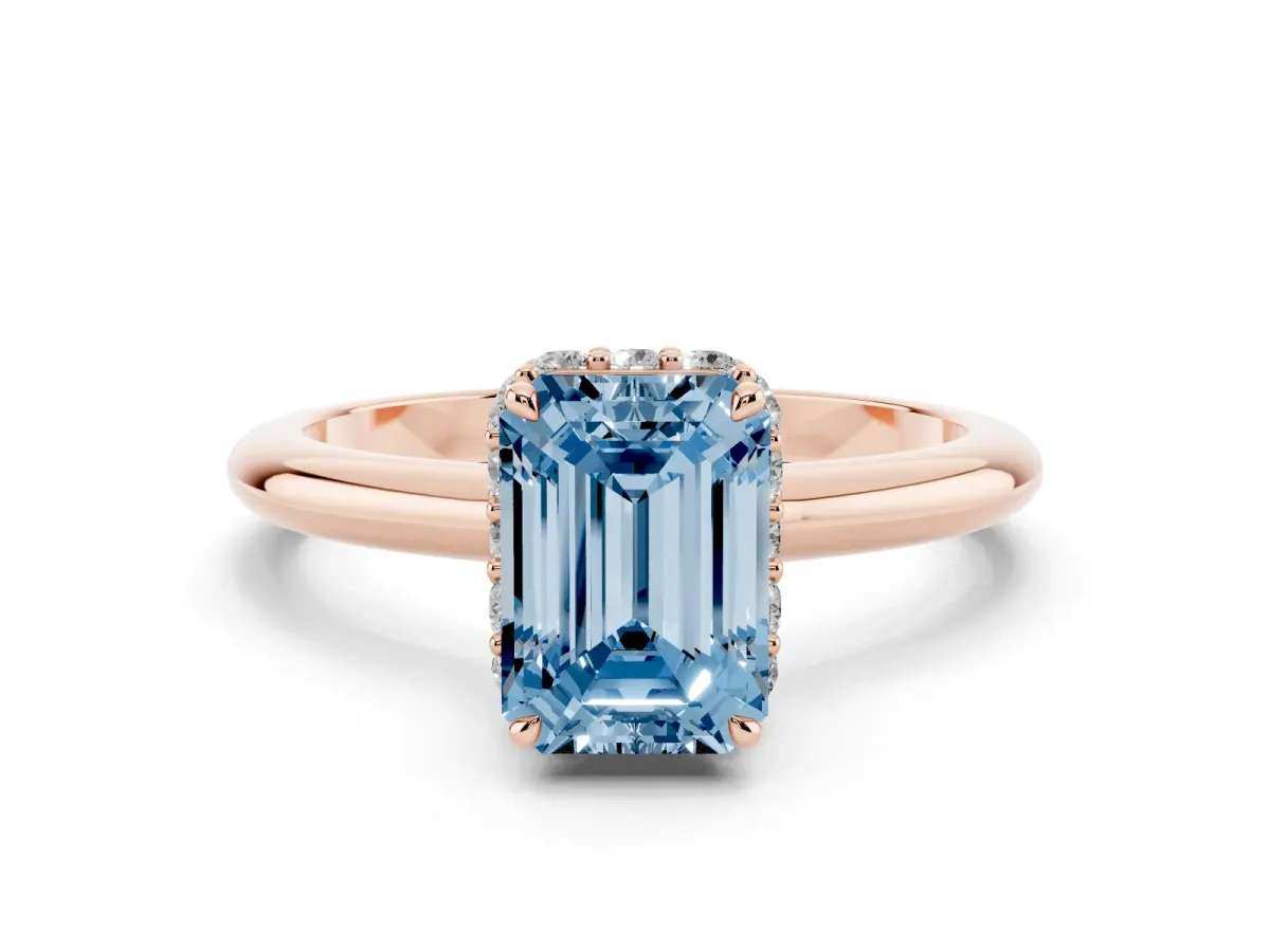 Fancy Blue Emerald Cut Brilliant Solitaire Engagement Ring with Six-Prong Setting and Classic Band Rose gold