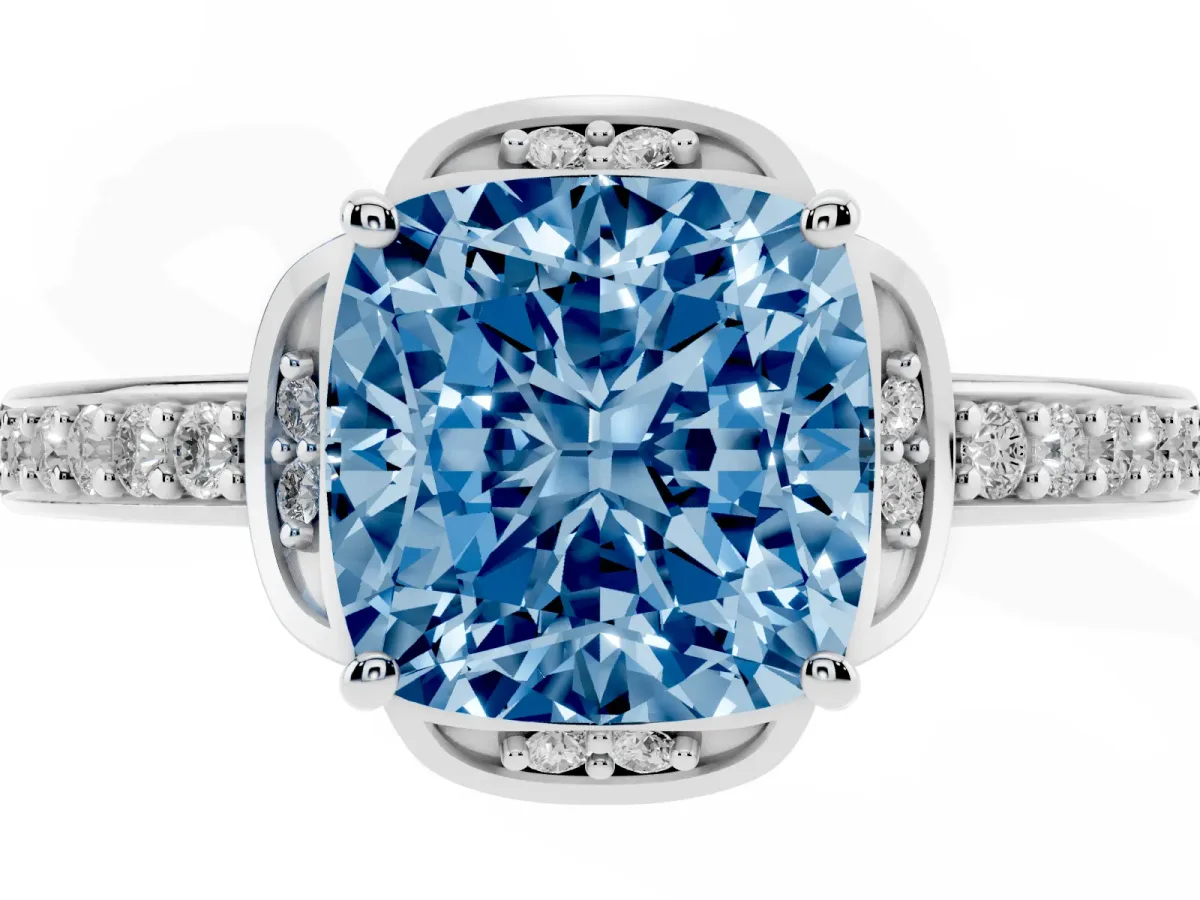 Fancy Blue Cushion Cut Cut Halo Diamond Ring with Channel Set Band and Four-Prong Setting Silver