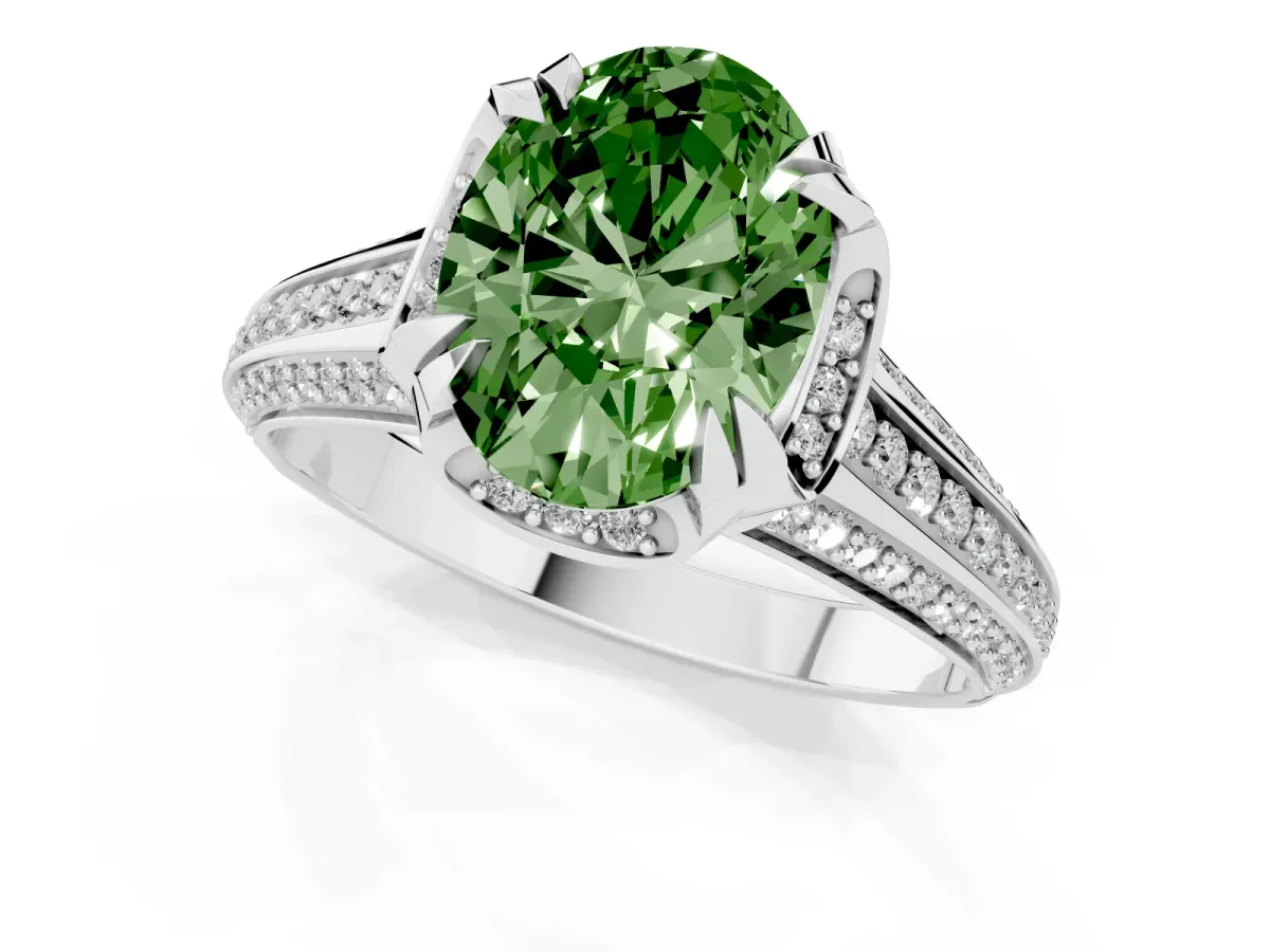 Fancy Green Oval Cut Solitaire Pave Split Shank Ring with Four-Prong Setting Platinum
