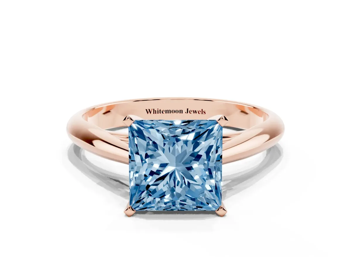 Fancy Blue Princess Cut Diamond Solitaire Engagement Ring with Cathedral Setting and Four-Prong Mount Rose gold